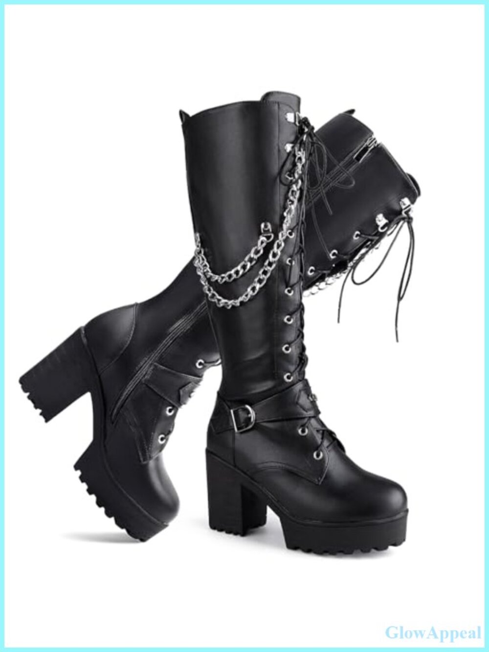 Women Knee High Platform Combat Boots Faux Leather Lace Up